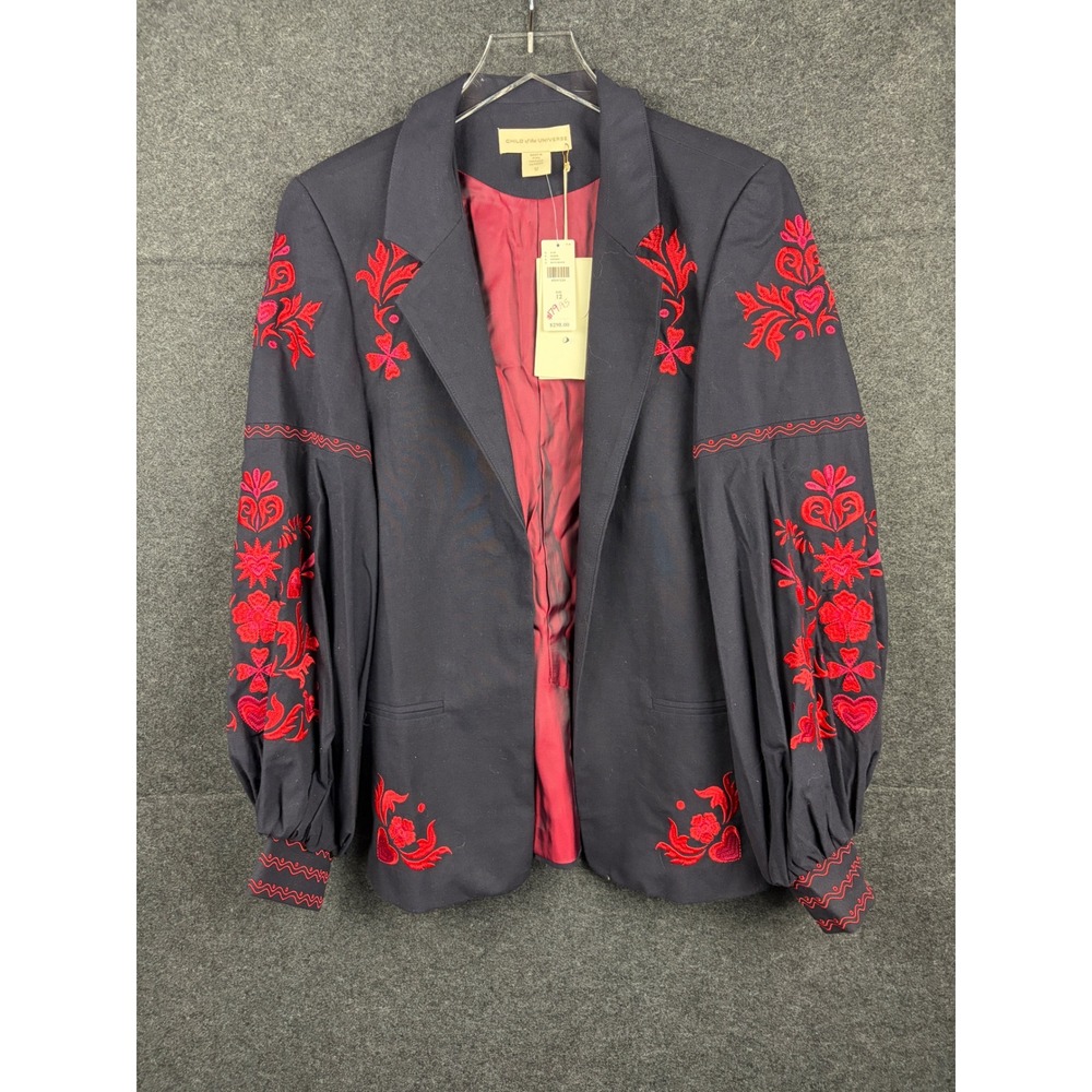 Child of the Universe Navy Red Floral Embroidered Puff Sleeve Blazer Jacket 12